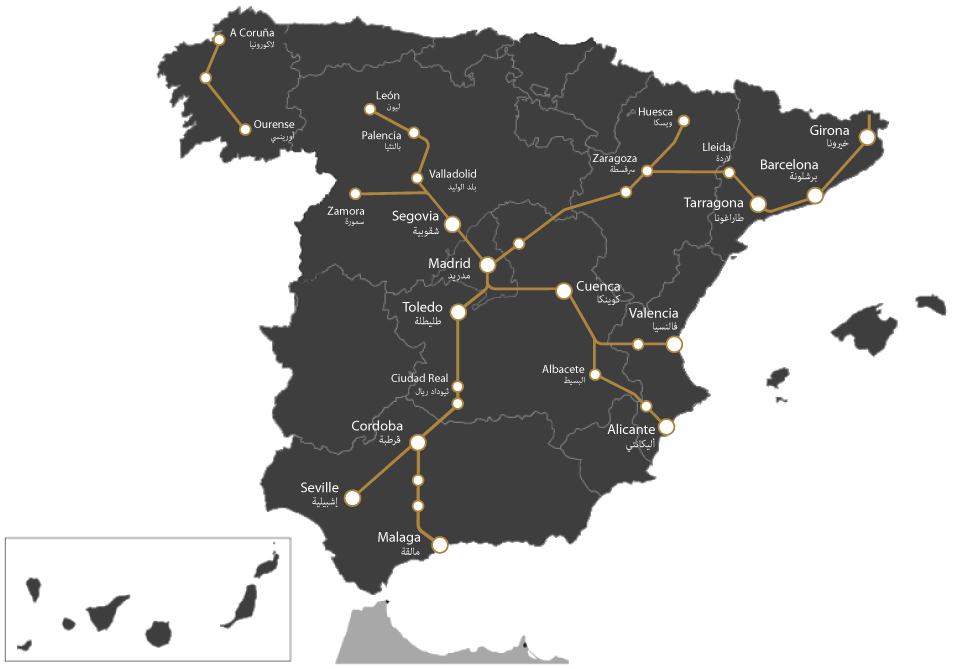 خريطة سكك القطارات فائقة السرعة AVE في إسبانيا 