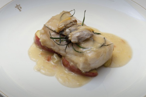 Hake loin with apple and cider sauce
