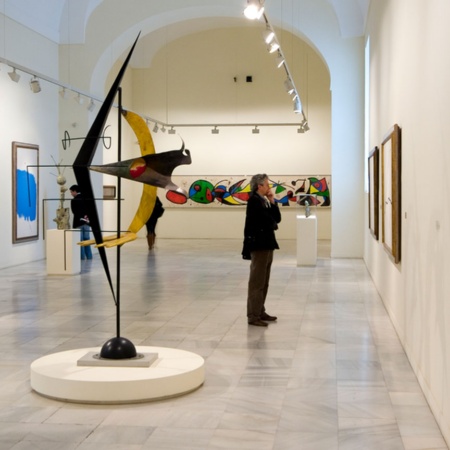 Мужчина рассматривает экспонаты в музее имени королевы Софии в Мадриде