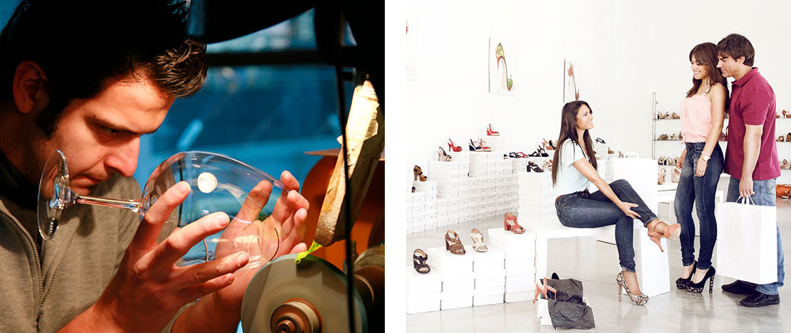 Слева: Работа со стеклом © Промышленный туризм, стеклянный завод Гранха-де-Сан-Ильдефонсо, Сеговия. Справа: обувной магазин в Эльче © VisitElche