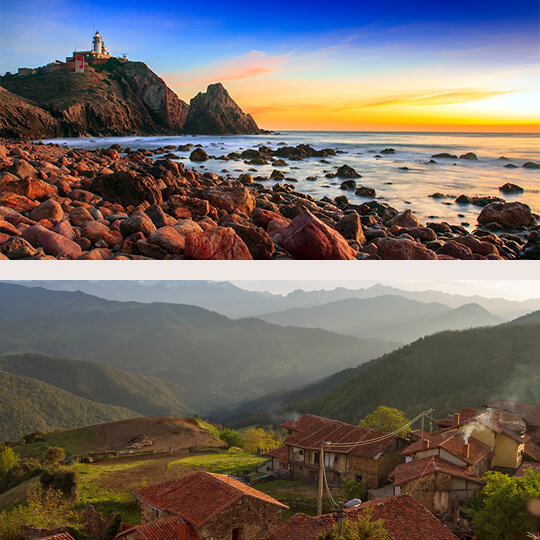 En haut : Coucher de soleil à Cabo de Gata / En bas : La vallée de Liébana, en Cantabrie