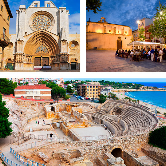 Top left: Santa Tecla cathedral. Top right: Street cafés in the Plaza del Rey © Joan Capdevila. Below: Roman amphitheatre in Tarragona