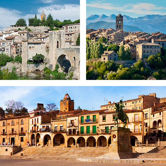 En haut à gauche : Besalú, Catalogne. En haut à droite : Aínsa, Huesca. En bas : Plaza Mayor de Trujillo, Estrémadure