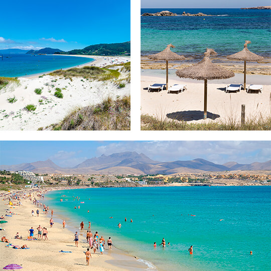 Oben links: Playa Rodas auf den Cíes-Inseln. Oben rechts: Playa Els Pujols, Formentera. Unten: Costa Calma auf Fuerteventura