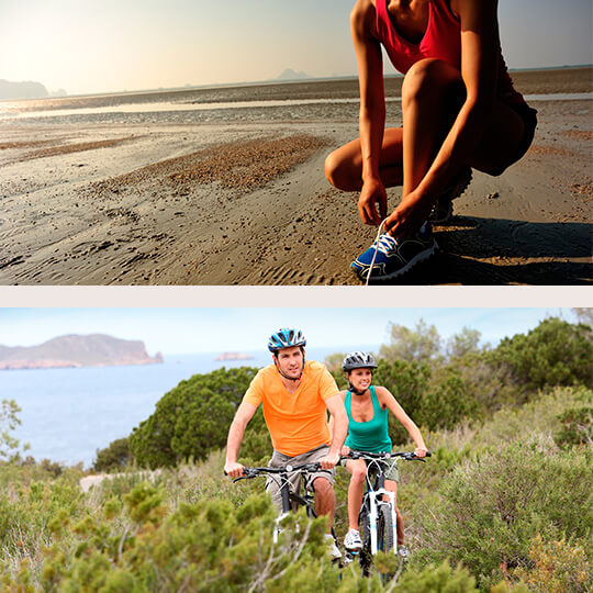 Acima: Maratona na praia. Abaixo: Casal fazendo ciclismo em Ibiza
