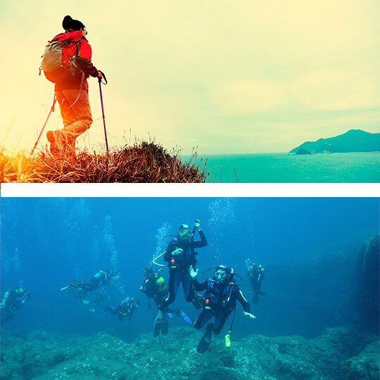Above: Hiking on the Costera route, Ibiza. Below: Diving in Ibiza © Ibiza Travel