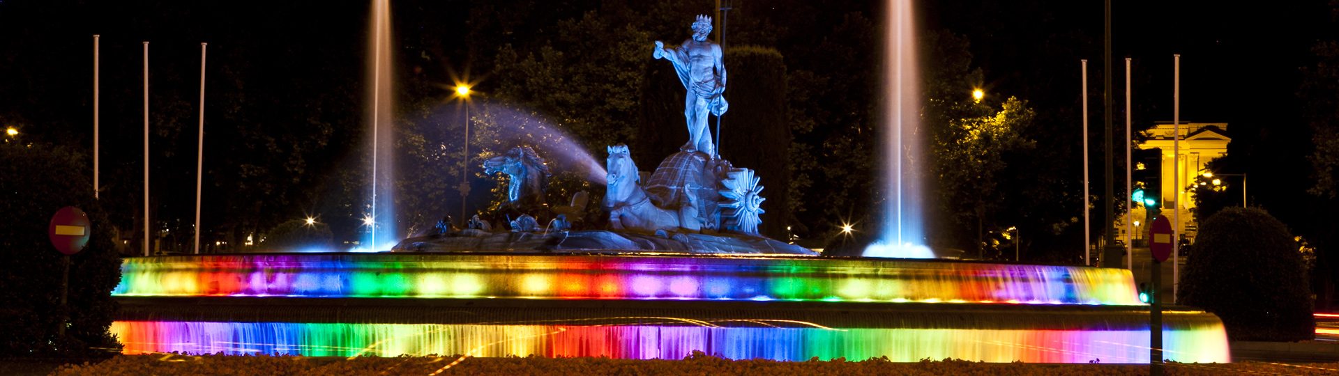 The Neptune Fountain in Madrid suitably attired for World Pride Day 