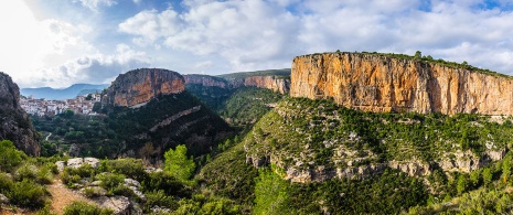 View of Chulilla and the gullies around it, Valencia, Region of Valencia