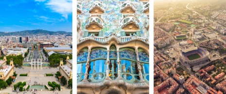 Vista da cidade de Montjuïc, detalhe da Casa Batlló e vista do Camp Nou e do Palau Blaugrana em Barcelona, Catalunha © Centro: Luciano Mortula / Direita: Marchello74