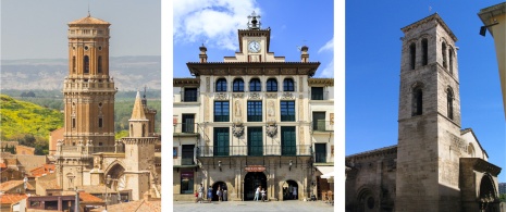 Esquerda: Catedral gótica / Centro: Plaza de los Fueros ©KarSol / Direita: Igreja de la Madalena em Tudela, Navarra