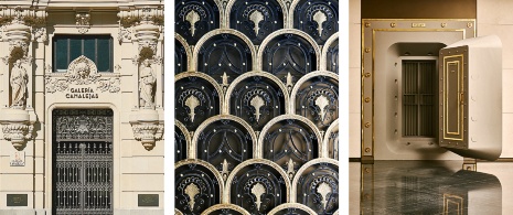 Links: Einer der Eingänge zur Galería Canalejas / Mitte: Detail der Tür in der Galería Canalejas / Rechts: Renovierter Tresor in der Galería Canalejas in Madrid