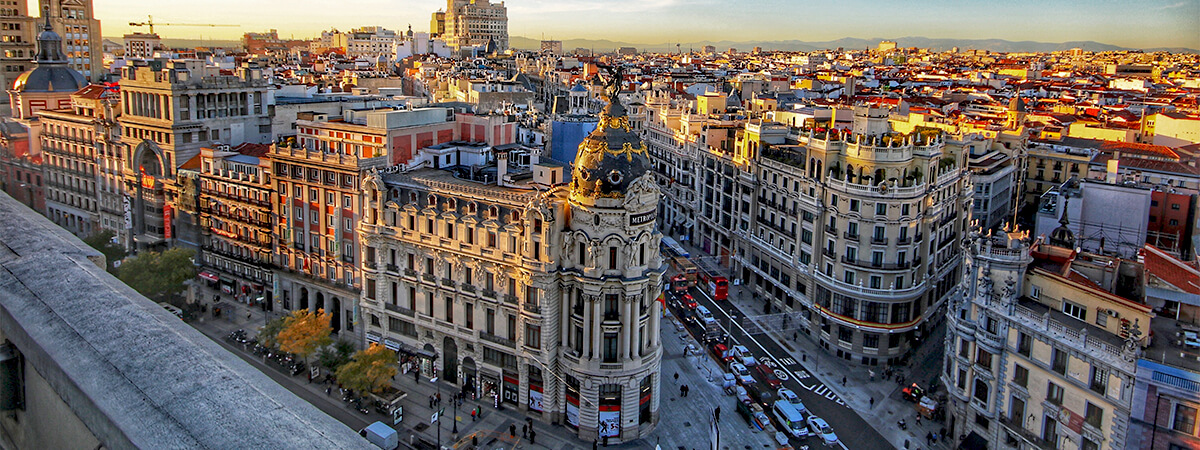 Aerial view of Calle Gran vía and Alcalá in Madrid