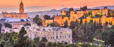 View of Malaga Cathedral, the town hall and the Gibralfaro Palace