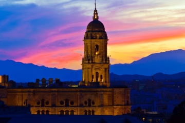 Night view of the tower of the cathedral of Malaga