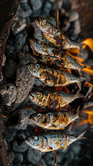 Sechs kräftige, silberfarbene Sardinen auf einem dünnen Spieß werden über glühender Holzkohle gegrillt, über der orangefarbene Flammen tanzen