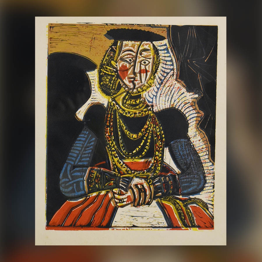 «Retrato de una dama – Según Lucas Cranach el Joven», Pablo Picasso (1958-61). Linoleografia a colori, 27 x 32.5 cm. Ed. Gustavo Gili, Barcelona, 1962