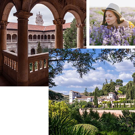 Arriba izquierda: Claustro del Parador de León / Arriba Derecha: Turista oliendo lavanda / Abajo: Parador de Granada