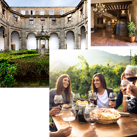 Arriba izquierda: Claustro San Mateo en el Parador de Santiago de Compostela / Arriba Derecha: Interior Parador de Sigüenza / Abajo: Amigos brindando con vino