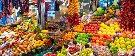 Fruit and vegetable stall at La Boquería.