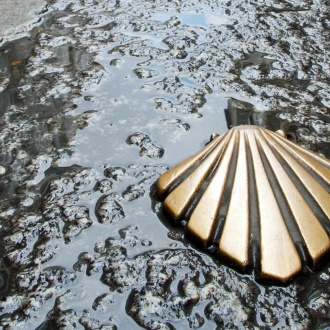 Street with the symbol of the Camino de Santiago