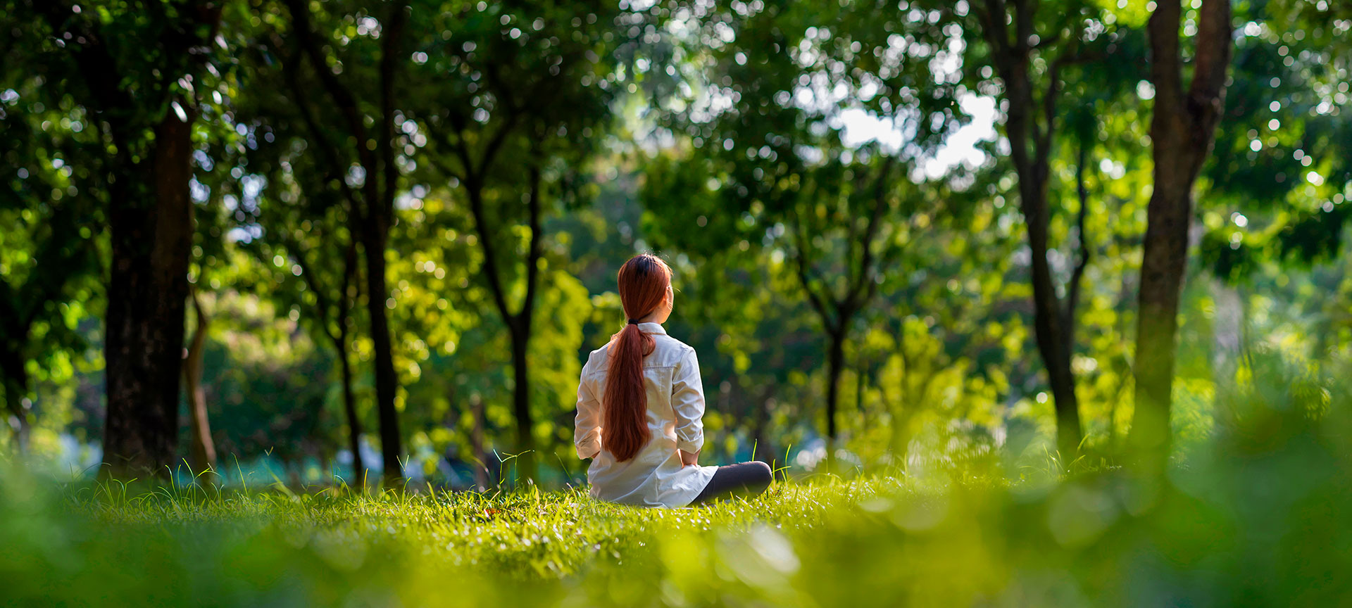 Mujer practicando meditación en el bosque Mujer practicando meditación en el bosque