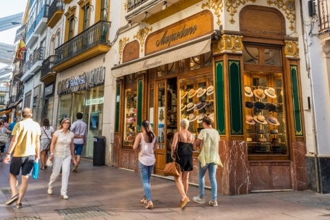 Des gens font du shopping dans la rue Sierpes, une des plus traditionnelles de Séville