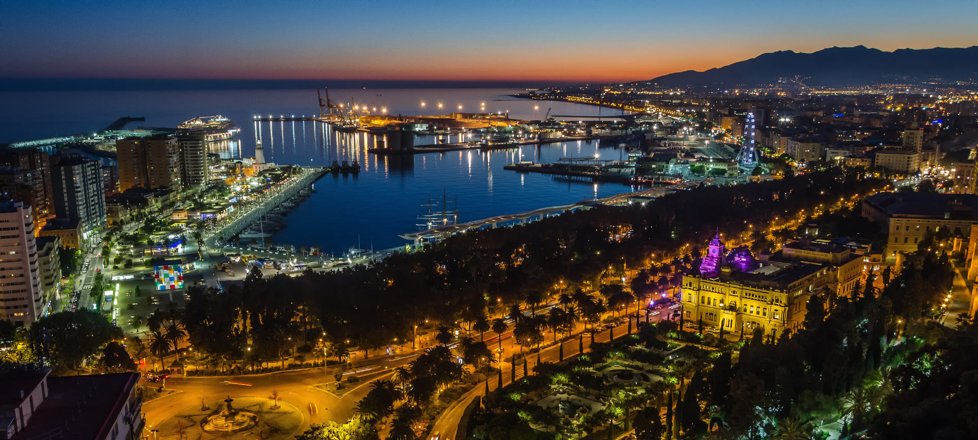 Night view of the port in Malaga