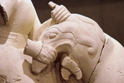 Detail of the sculpture griphomaquia depicting a man fighting a griffin. 5th century