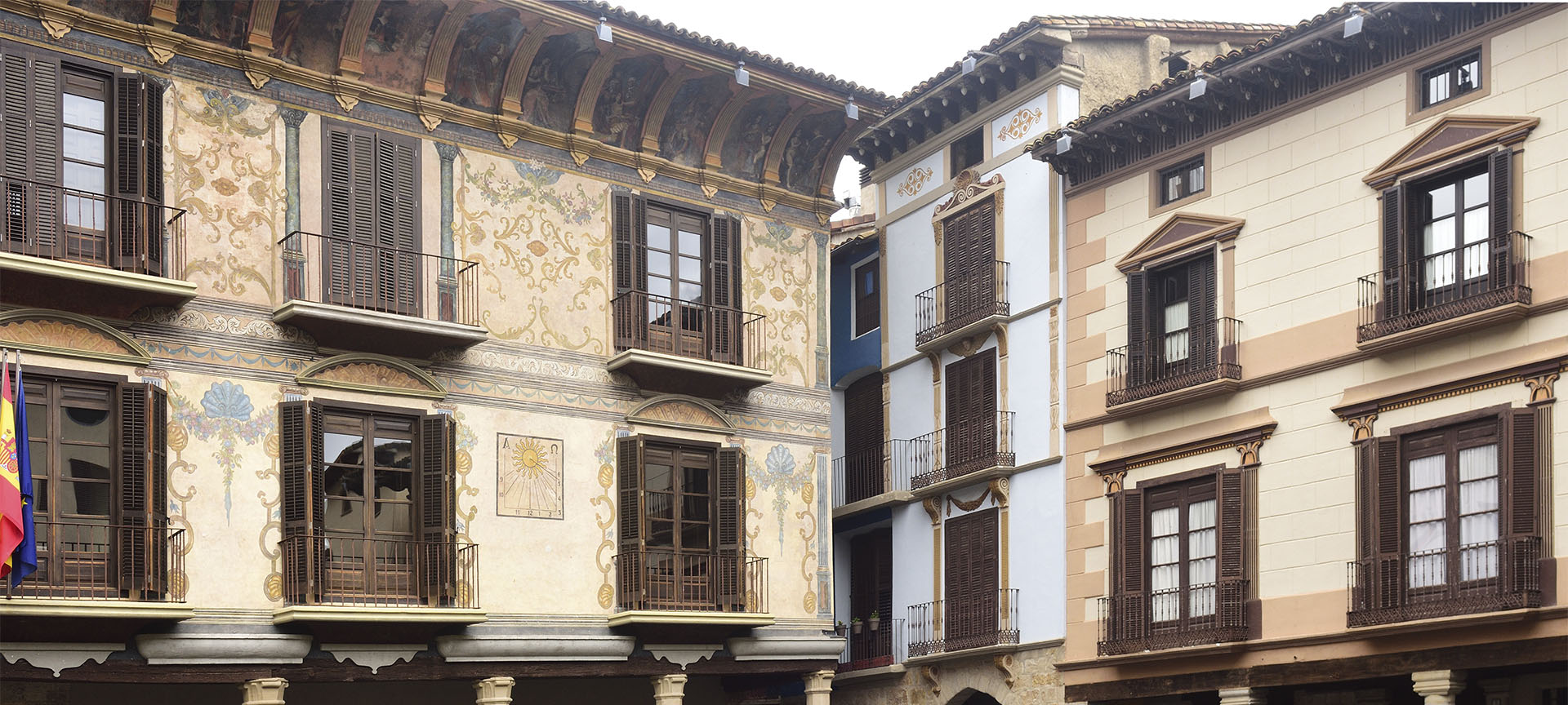 Decorated façades in the Plaza Mayor square in Graus (Huesca, Aragon)
