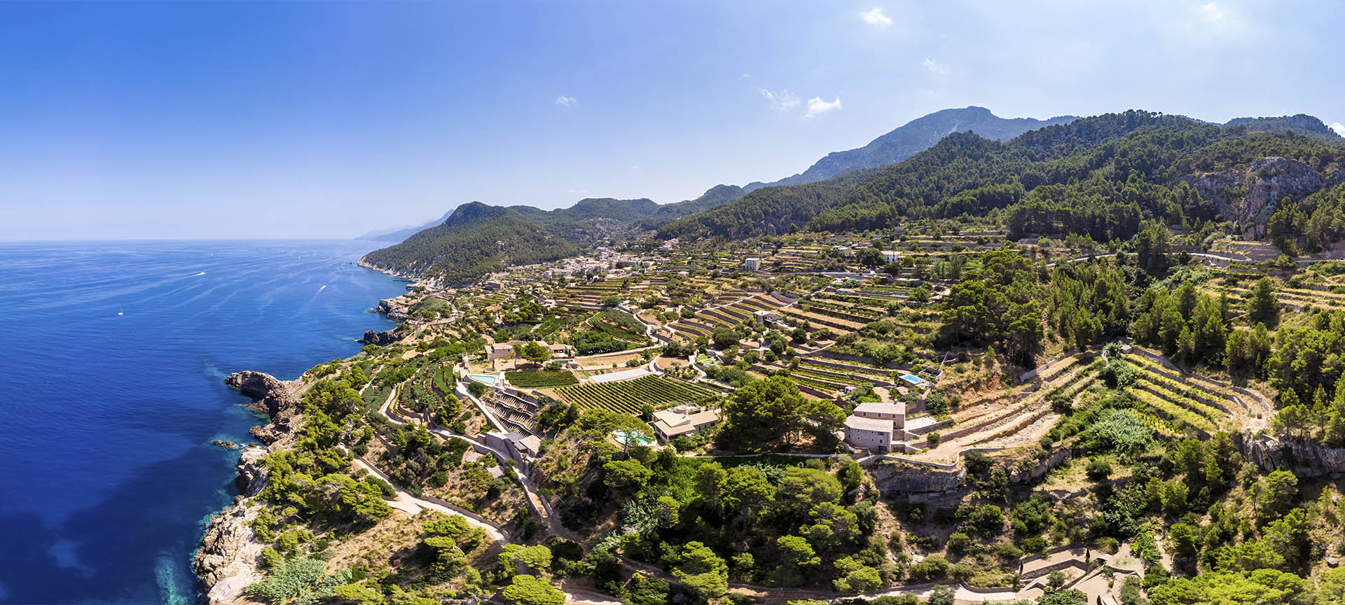 Panoramic view of Banyalbufar (Mallorca, Balearic Islands) with its characteristic terraces