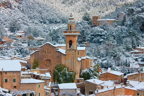 View of Valldemossa covered in snow in Mallorca, Balearic Islands