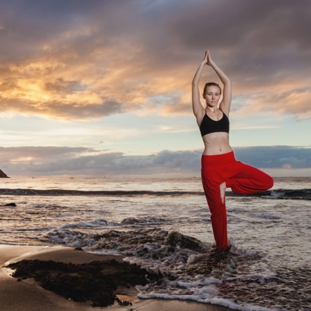 Yoga in der Abenddämmerung am Strand La Tejita de Granadilla de Abona auf Teneriffa, Kanarische Inseln