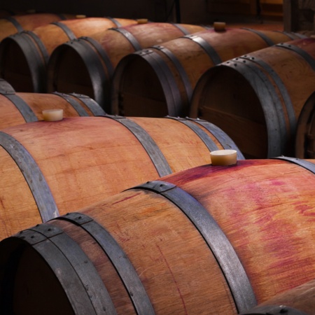 Barriles de vino en una antigua bodega de Ribera del Duero, Castilla y León