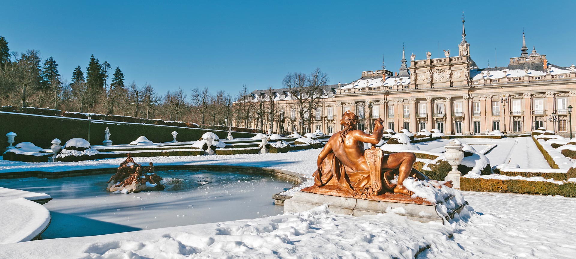  Gardens and Palace of La Granja de San Ildefonso with snow. Segovia