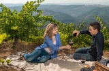 Casal bebendo vinho entre vinhedos, Serra de França