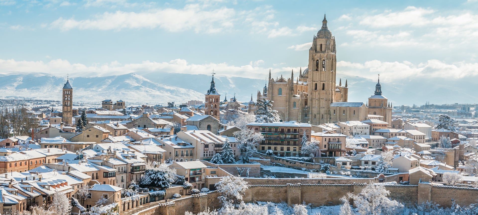 Views of the Cathedral and city of Segovia, Castile and Leon, covered in snow