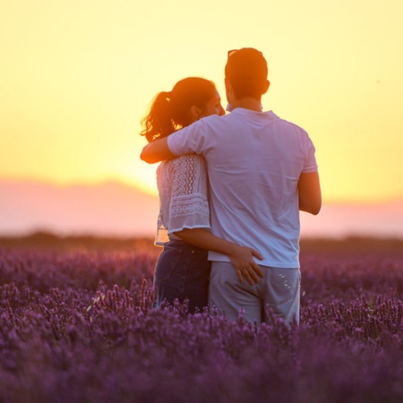 Pareja en los campos de lavanda de Brihuega, Guadalajara