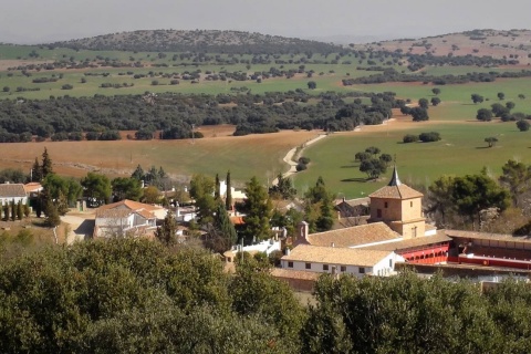 Vedute di Las Virtudes e della plaza de toros quadrata di Santa Cruz de Mudela