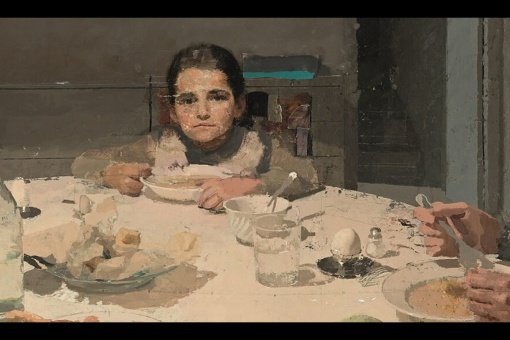 Dinner, 1971-1980. Oil on wood panel. 89 x 101 cm. Carmen López collection