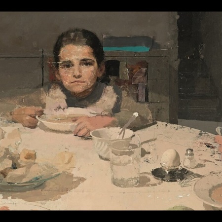 Dinner, 1971-1980. Oil on wood panel. 89 x 101 cm. Carmen López collection