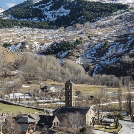 The Romanesque church of Sant Climent at the centre of the view of Taüll (Lleida, Catalonia)