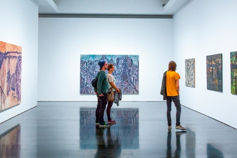 Visitors to an exhibition at MACBA (Barcelona Museum of Contemporary Art) in Barcelona, Catalonia