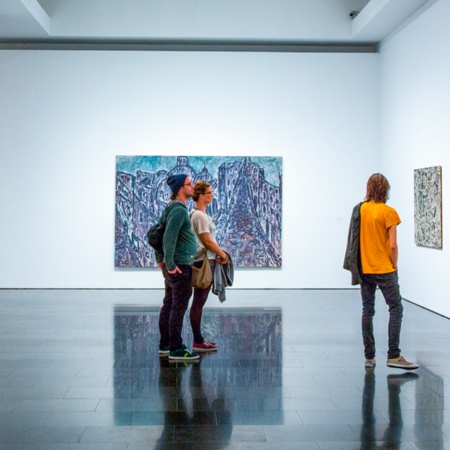 Visitors to an exhibition at MACBA (Barcelona Museum of Contemporary Art) in Barcelona, Catalonia