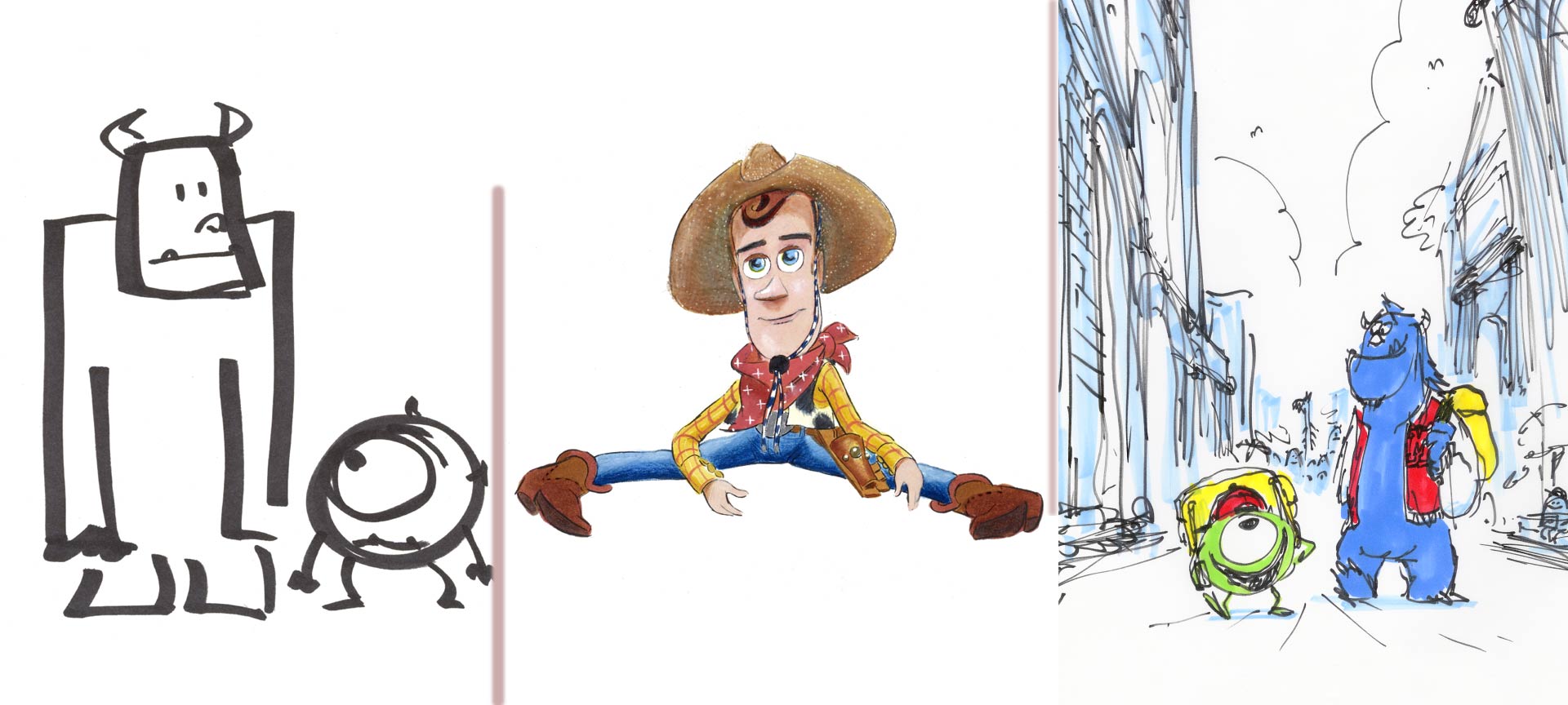 From left to right: Pete Docter. Sulley and Mike. Monsters Inc., 2001. Marker on paper / Bud Luckey, colours by Ralph Eggleston. Woody. Toy Story, 1995. Mixed media on paper / Ricky Nierva. Mike and Sulley. Monsters University, 2013. Ink and marker on paper