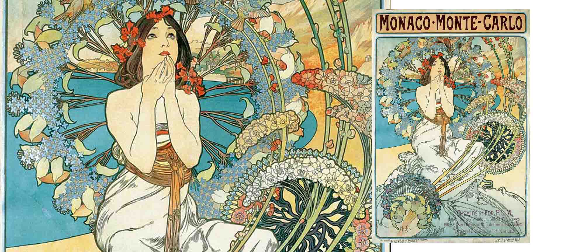 Detalle y cartel completo: Alphonse-Marie Mucha, Monaco·Monte-Carlo, 1897. MNAC, adquisición de la colección Plandiura, 1903 Detalle y cartel completo: Alphonse-Marie Mucha, Monaco·Monte-Carlo, 1897. MNAC, adquisición de la colección Plandiura, 1903