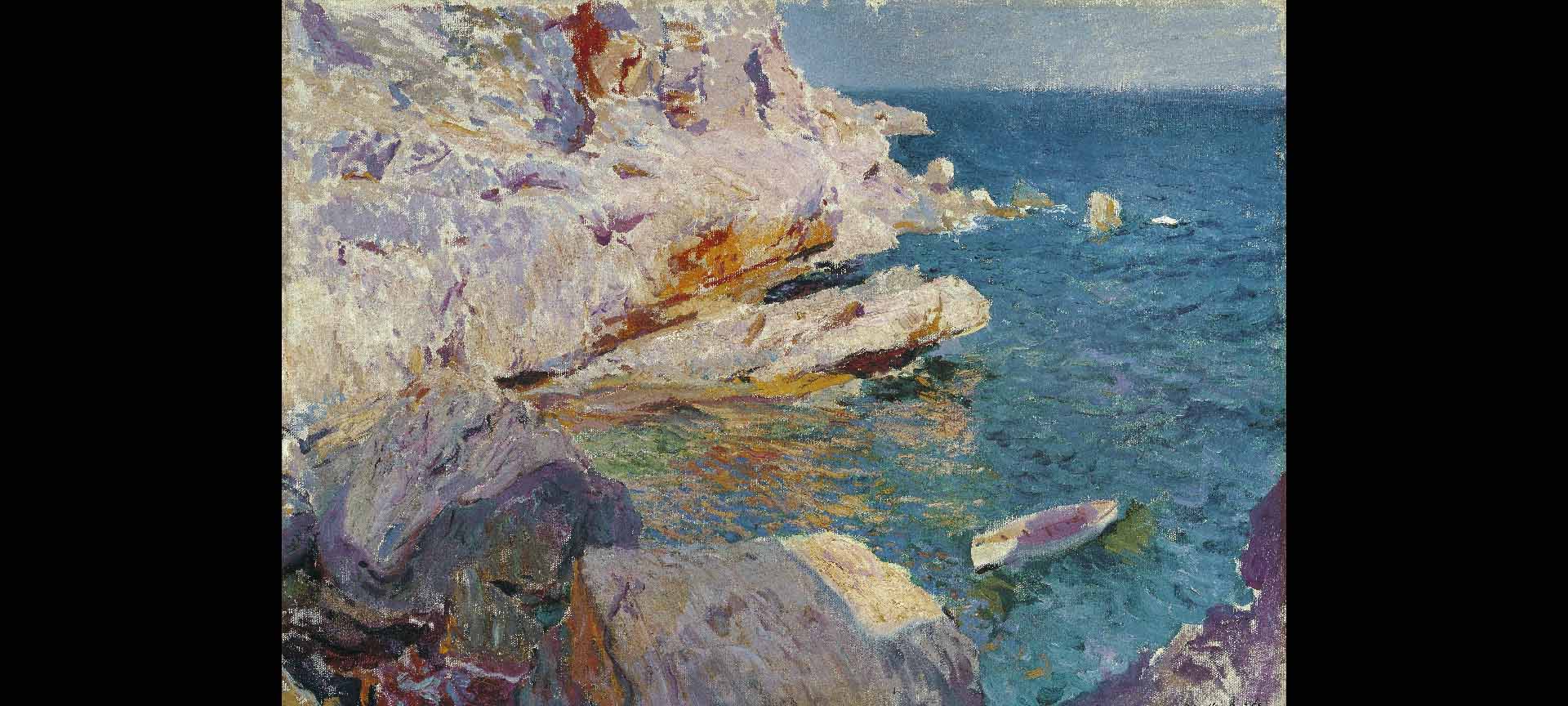 ホアキン・ソローリャ、ハベアの岩と白いボート、1905年。キャンバス地油彩、62.5 x 84.7 cm ホアキン・ソローリャ、ハベアの岩と白いボート、1905年。キャンバス地油彩、62.5 x 84.7 cm