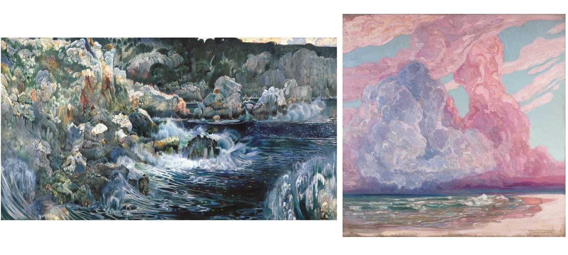 Izqda: La cala encantada, Joaquim Mir. Derecha: La tormenta en la playa, de Anglada Camarasa. Izqda: La cala encantada, Joaquim Mir. Derecha: La tormenta en la playa, de Anglada Camarasa.