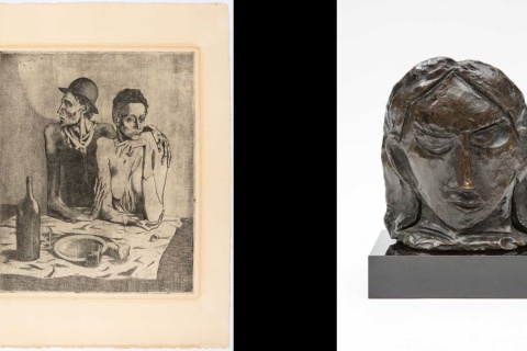 Left: “Head of a Woman (Fernande)”, 1908, patinated bronze (original in terracotta), 18x16x12 cm. Madrid, San Fernando Royal Academy of Fine Arts Museum, E-594 © Succession Pablo Picasso, VEGAP, Madrid, 2023. Right: “The Frugal Meal” (Suite des Saltimbanques), 1904, etched plate and scraper, 463x377 mm. Madrid, San Fernando Royal Academy of Fine Arts Museum, OG-0001 © Succession Pablo Picasso, VEGAP, Madrid, 2023