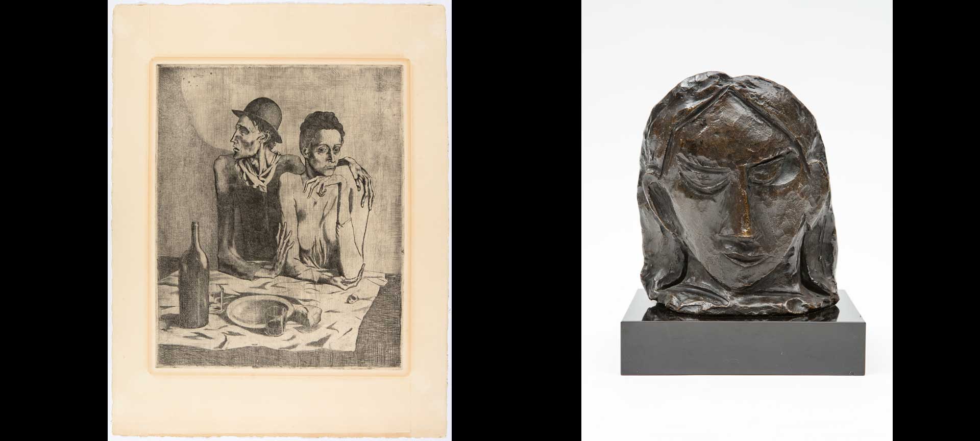 Left: “Head of a Woman (Fernande)”, 1908, patinated bronze (original in terracotta), 18x16x12 cm. Madrid, San Fernando Royal Academy of Fine Arts Museum, E-594 © Succession Pablo Picasso, VEGAP, Madrid, 2023. Right: “The Frugal Meal” (Suite des Saltimbanques), 1904, etched plate and scraper, 463x377 mm. Madrid, San Fernando Royal Academy of Fine Arts Museum, OG-0001 © Succession Pablo Picasso, VEGAP, Madrid, 2023 Left: “Head of a Woman (Fernande)”, 1908, patinated bronze (original in terracotta), 18x16x12 cm. Madrid, San Fernando Royal Academy of Fine Arts Museum, E-594 © Succession Pablo Picasso, VEGAP, Madrid, 2023. Right: “The Frugal Meal” (Suite des Saltimbanques), 1904, etched plate and scraper, 463x377 mm. Madrid, San Fernando Royal Academy of Fine Arts Museum, OG-0001 © Succession Pablo Picasso, VEGAP, Madrid, 2023
