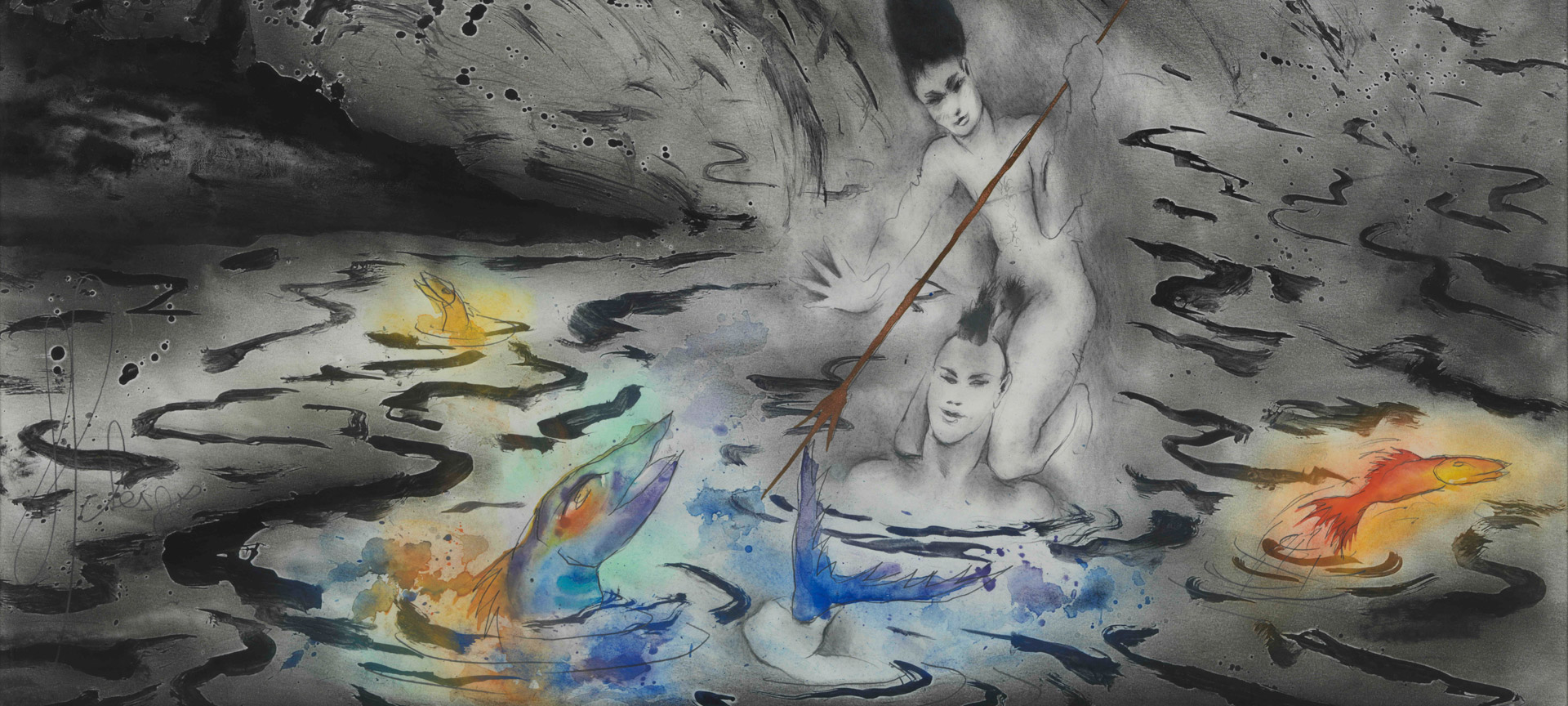 Composició. Josep Uclés (1985). R.1156. Tusz, grafit, akwarela i brokat na papierze. 45 x 62.4 cm.